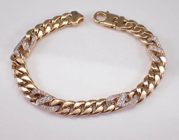 Yellow Gold Cuban Diamond Bracelet - Chunky Mens Figaro Anchor Chain - Simple Everyday Jewelry Gift for Him