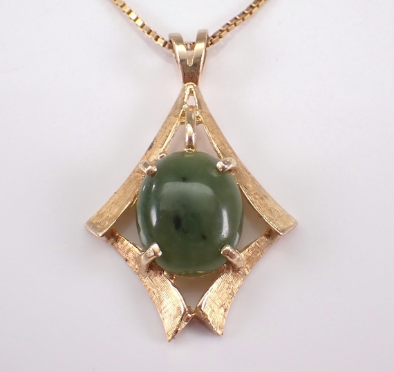 Vintage Jade Charm Necklace - 14K Yellow Gold Slide Pendant - Large Gemstone Choker Chain