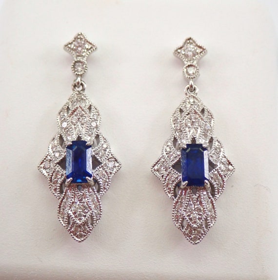 Vintage Style Sapphire Earrings - 18K White Gold Diamond Dangle Setting - Unique Antique Design Petite Jewelry