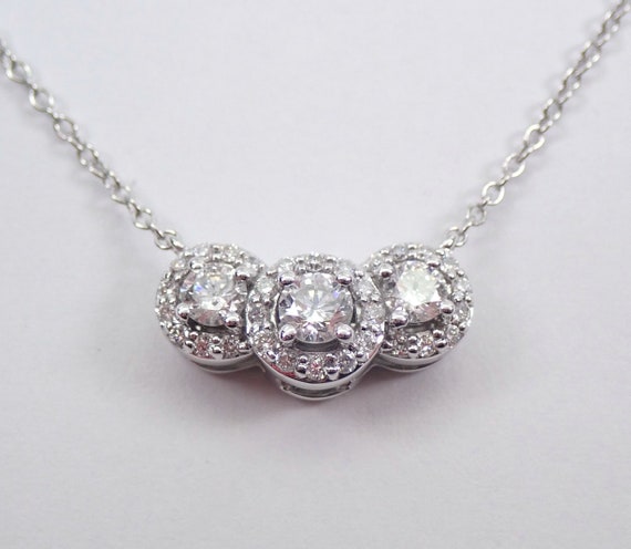 White Gold Diamond Station Necklace - Three Stone Halo Pendant and Chain - Unique Bridal Fine Jewelry Gift