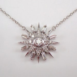 14K White Gold Diamond Cluster Pendant Sun Celestial Necklace 18" Chain Starburst