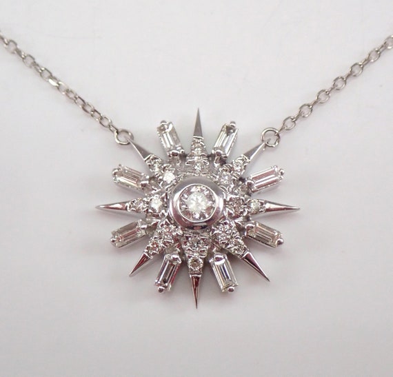14K White Gold Diamond Cluster Pendant Sun Celestial Necklace 18" Chain Starburst