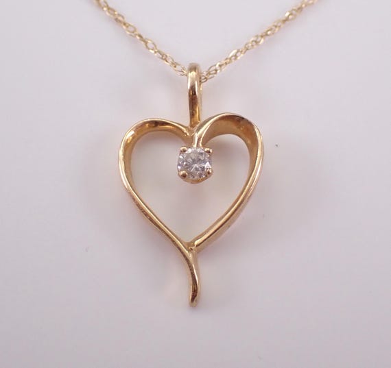 Dainty Diamond Heart Charm Necklace - Thin Gold Chain and Pendant Drop - Small Vintage Estate Jewelry Gift