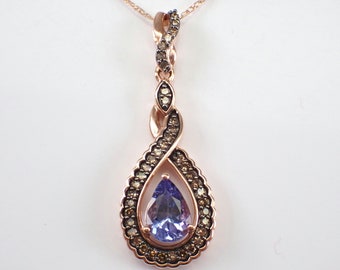 Tanzanite and Brown Diamond Pendant - Rose Gold Teardrop Necklace and Chain - Purple Gemstone Fine Jewelry Gift