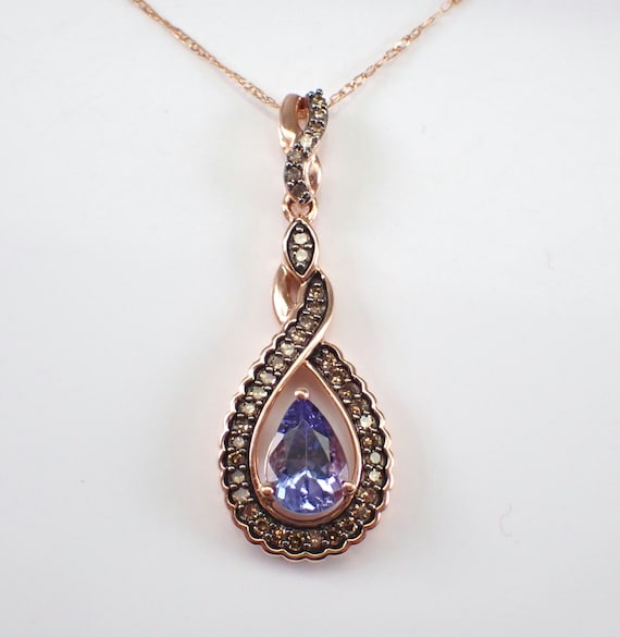 Tanzanite and Brown Diamond Pendant - Rose Gold Teardrop Necklace and Chain - Purple Gemstone Fine Jewelry Gift