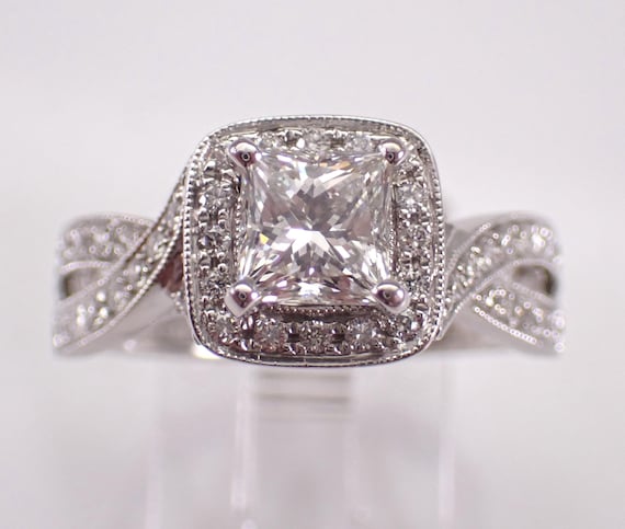 14K White Gold Diamond Engagement Ring: Square Princess Cut Bridal Halo Band