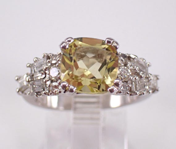 14K White Gold Lemon Quartz Ring - Cushion Cut Gemstone and Diamond Band - Vintage Baguette and Round Fine Jewelry Gift