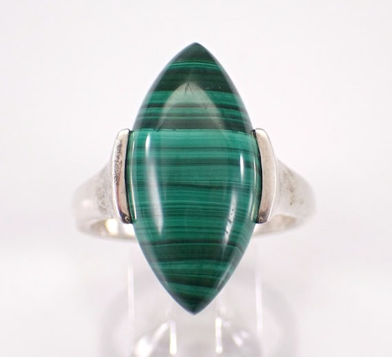 Vintage Sterling Silver Malachite Ring, Unique Large Chunky Gemstone Solitaire Band