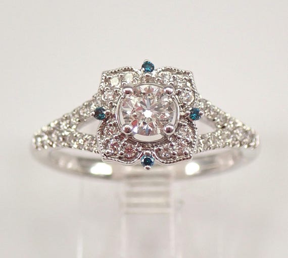 14K White Gold Diamond Engagement Ring - Unique Colored Fancy Blue Bridal Setting - Marriage Promise Fine Jewelry Gift