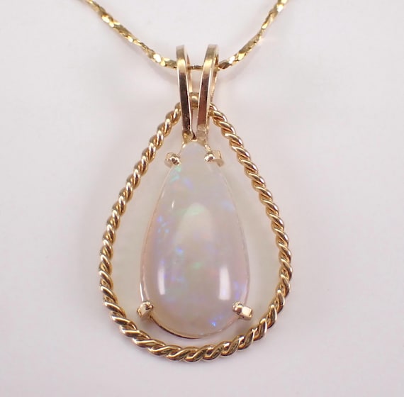 Vintage 14K Yellow Gold Opal Necklace - Teardrop Braided Halo Charm Pendant and Chain - October Birthstone Estate Jewelry Gift