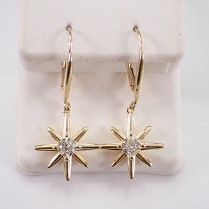 Diamond Dangle Star Earrings - Solid Yellow Gold Solitaire Drop - Unique Celestial Fine Jewelry Gift