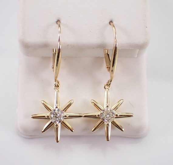 Diamond Dangle Star Earrings - Solid Yellow Gold Solitaire Drop - Unique Celestial Fine Jewelry Gift