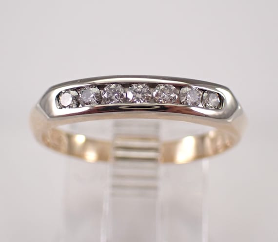 Antique Diamond Wedding Ring Band -  14K Yellow Gold Dainty Anniversary Ring - Estate Stackable Two Tone Jewelry Gift