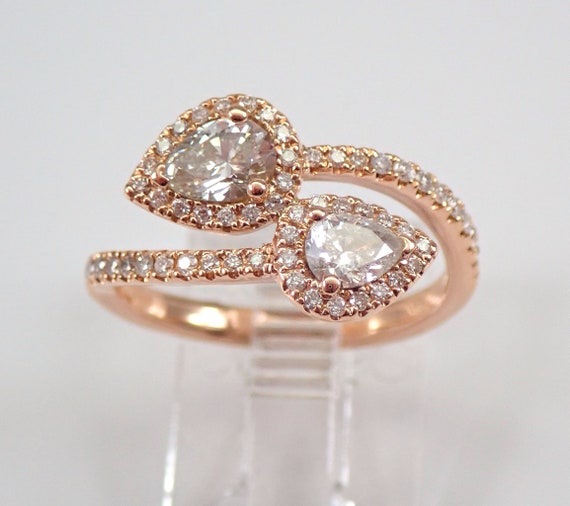 18K Rose Gold Diamond Ring - Unique Crossover Bypass Design - Toi Et Moi Halo Two Stone Right Hand Ring