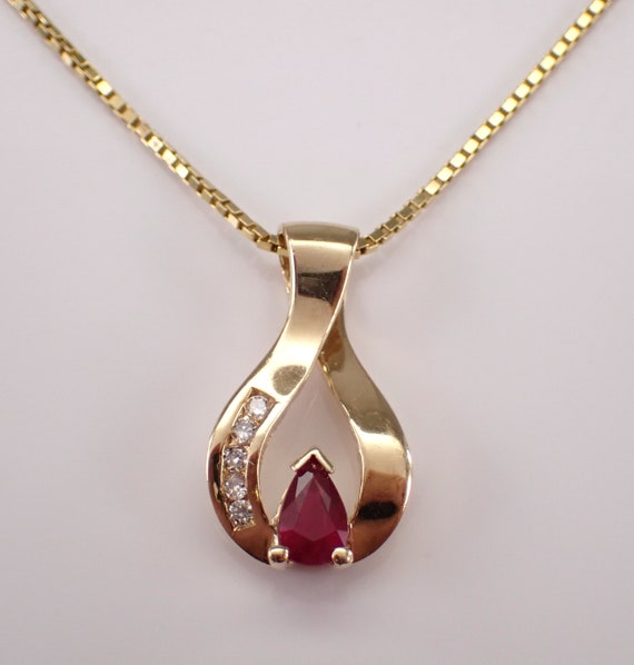 Ruby and Diamond Charm Pendant and Chain - 14K Yellow Gold Gemstone Choker Necklace - July Birthstone Fine Jewelry Gift