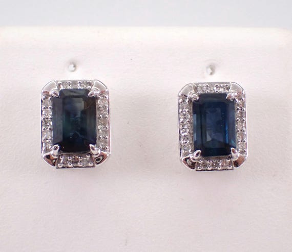 Sapphire and Diamond Halo Earrings - White Gold Gemstone Dainty Studs - September Gemstone Fine Jewelry Gift