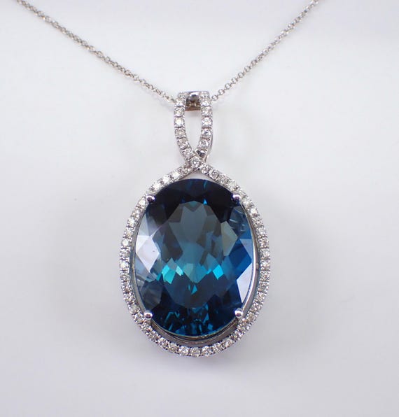 London Blue Topaz Pendant and Chain - 14K White Gold Diamond Halo Charm Necklace - GalaxyGems Gemstone Fine Jewelry Gift