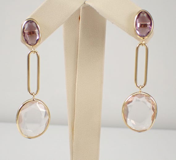Large 14K Yellow Gold Dangle Earrings - Amethyst and Rose Quartz Gemstone - Unique Artisan Fine Jewelry Gift