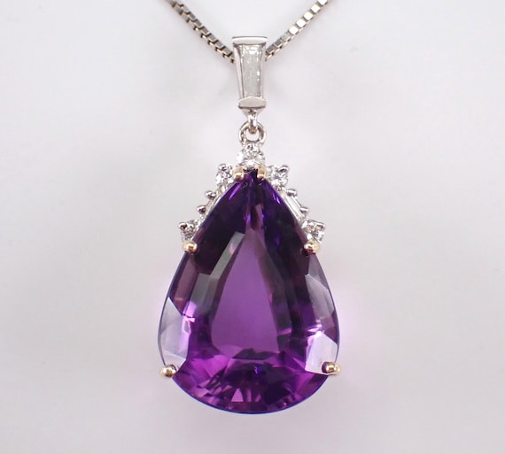 Teardrop Amethyst and Diamond Necklace - 14K White Gold Gemstone Pendant and Chain - February Birthstone Jewelry Gift