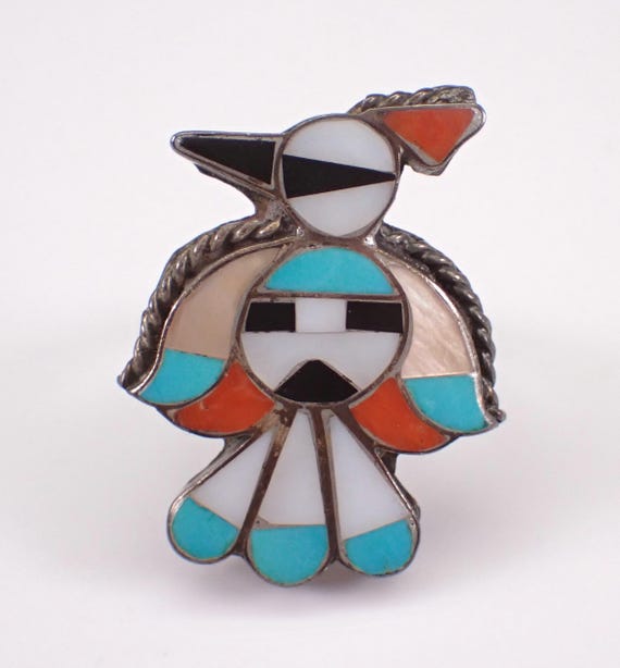 Vintage Zuni Mother of Pearl and Turquoise Inlay Ring - Sterling Silver Gemstone Bird Band - Estate Native American Tribe Jewelry Gift
