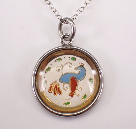 Sterling Silver Hex Bird Charm Necklace - Vintage Hoffman Pendant and Chain - Enamel Bubble Pheasant Choker