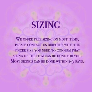 May include: Purple background with a white mandala design and the text "SIZING" in bold purple letters. The text below reads: "We offer free sizing on most items, please contact us directly with the finger size you need to confirm that sizing of the item can be done for you. Most sizings can be done within 1-3 days."