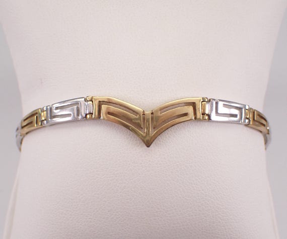 Vintage Sterling Silver Greek Key Bracelet - Estate Two Toned Chevron Everyday Layering Gift