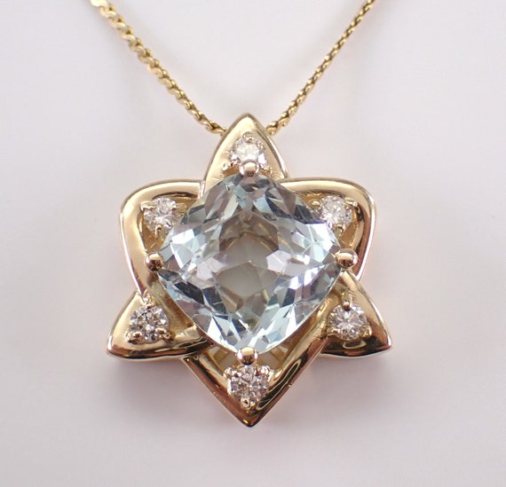 14K Yellow Gold Aquamarine Necklace, Diamond and Gemstone Star Pendant and Chain, March Birthstone Jewelry Gift