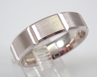 Mens 14K White Gold Wedding Ring, Bridal Anniversary Band for Him, Unique Matte Finish Brushed Design