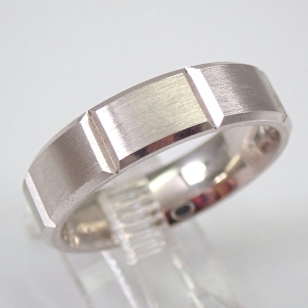 Mens 14K White Gold Wedding Ring, Bridal Anniversary Band for Him, Unique Matte Finish Brushed Design