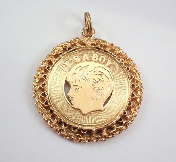 Vintage 14K Yellow Gold "Its a Boy" Charm Pendant, Estate Large Disk Charm for Necklace or Bracelet