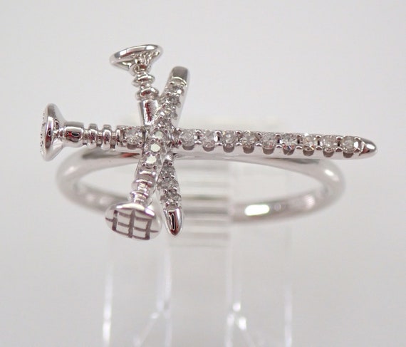 14K White Gold Diamond Cross Ring - Religious Trinity Nail Symbol - Christian Prayer Jewelry Gift