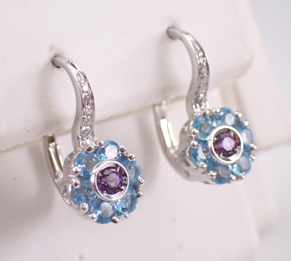 18K White Gold Blue Topaz Flower Earrings: Unique Diamond and Amethyst Setting