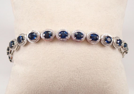 Sapphire and Diamond Tennis Bracelet - 14k White Gold Fine Jewelry - Unique Halo Setting - Perfect Christmas Present