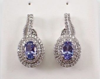 Tanzanite and Diamond Halo Earrings - White Gold Gemstone Drop Studs - December Gemstone Fine Jewelry Gift