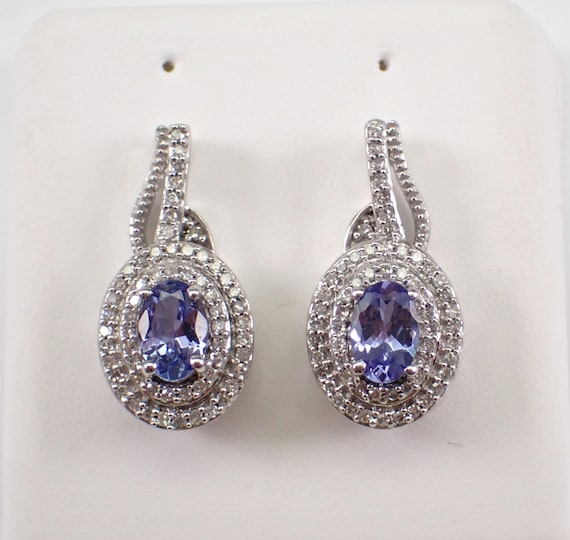 Tanzanite and Diamond Halo Earrings - White Gold Gemstone Drop Studs - December Gemstone Fine Jewelry Gift