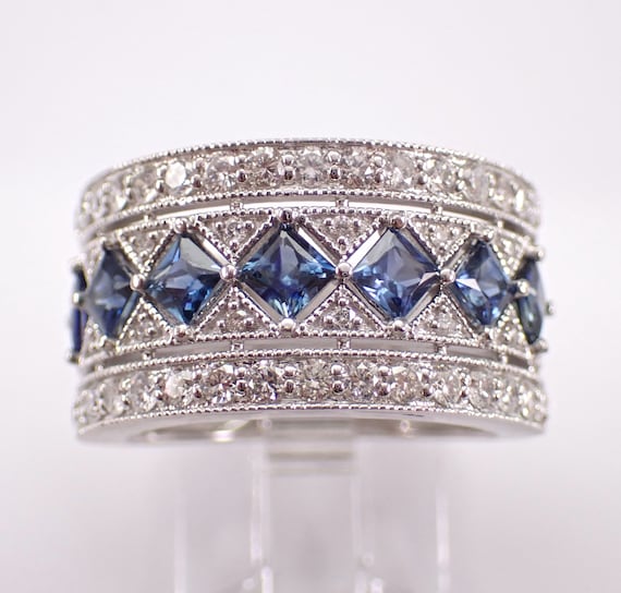 Sapphire and Diamond Wedding Band - 18K White Gold Stackable Anniversary Ring - GalaxyGems Bridal Fine Jewelry