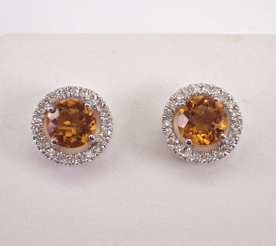 White Gold Citrine and Diamond Stud Earrings: Simple Dainty Gemstone Halo Setting