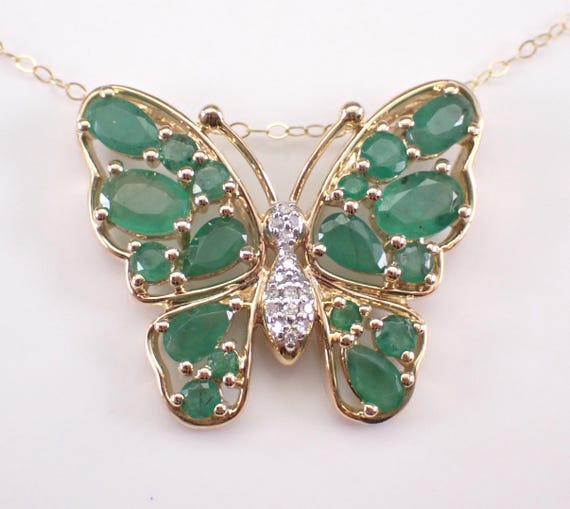 Yellow Gold Emerald and Diamond Butterfly Necklace: Large Charm Pendant and Choker Chain