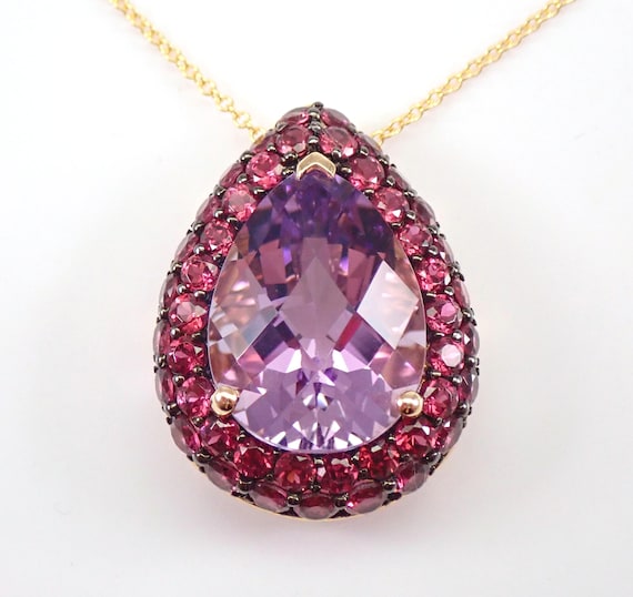 Amethyst Teardrop Pendant and Chain - 14K Yellow Gold Rhodolite Garnet Halo Charm - Unique Gemstone Necklace
