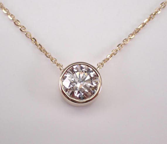 14K Yellow Gold 2ct LAB Grown Diamond Solitaire Pendant: Round Bezel Set Station Charm Necklace