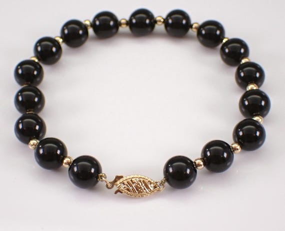 Vintage 14K Yellow Gold Onyx Bead Bracelet - Estate Layering Tin Cup Station Link - Black Gemstone Birthday Jewelry Gift