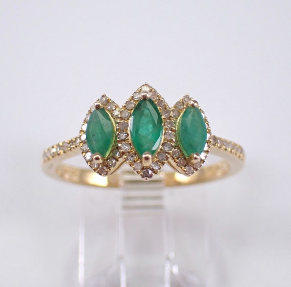 Emerald and Diamond Three Stone Ring - Yellow Gold Petite Halo Setting - May Birthstone Wedding Anniversary Band