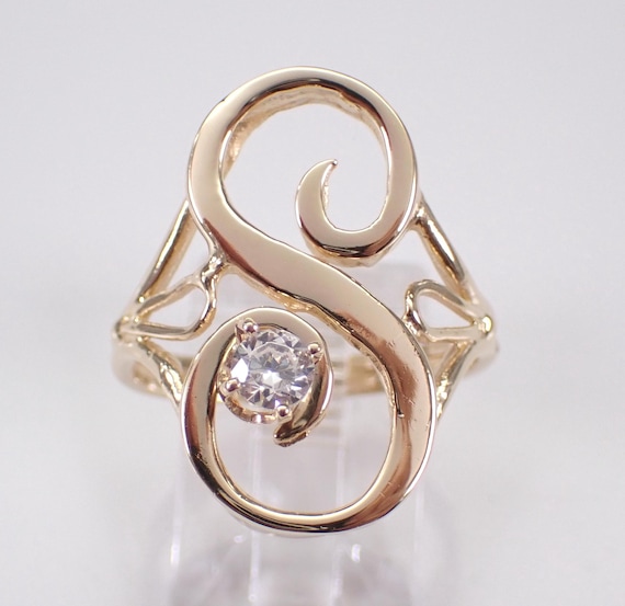 Vintage 14K Yellow Gold Initial Ring - Large Antique Scroll Letter Band - Unique Cubic Zirconia Jewelry Gift