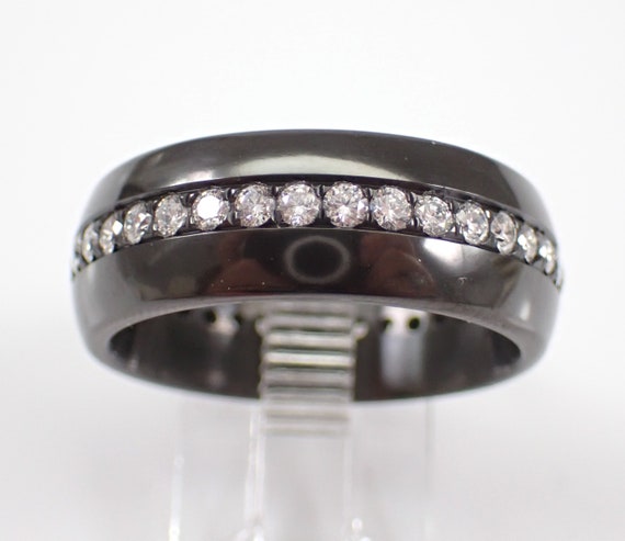 1 carat Diamond Eternity Wedding Ring - Black Zirconium Dome Anniversary Band for Him - Mens Unisex Stacking Ring