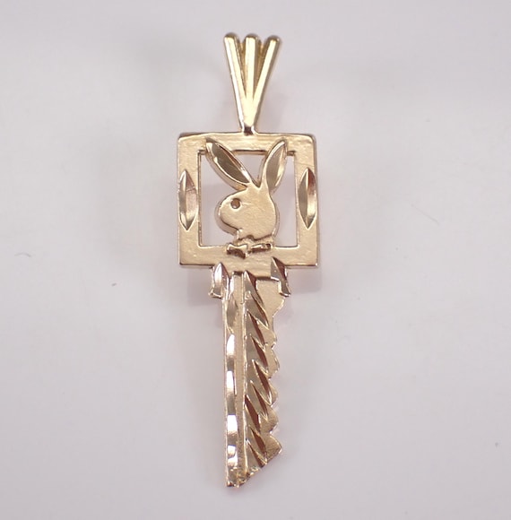 14K Yellow Gold Playboy Bunny Key Lock Charm Pendant: Vintage Estate Jewelry Gift for Necklace or Bracelet