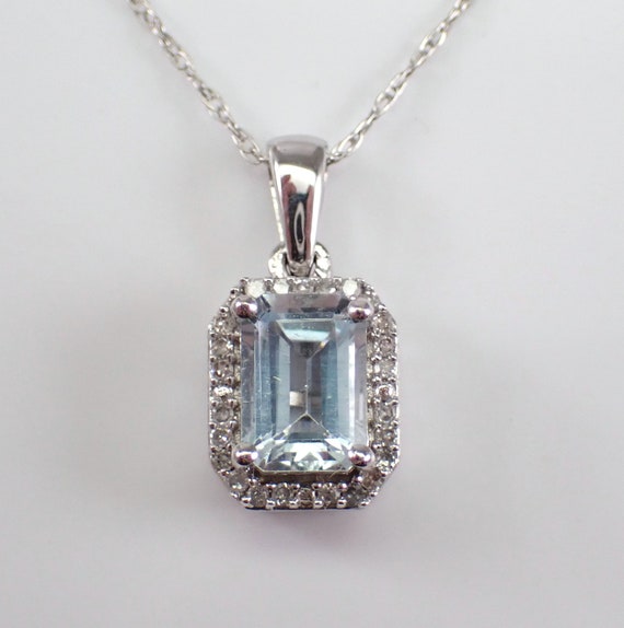 Emerald Cut Aquamarine and Diamond Necklace - White Gold Aqua Marine Pendant and Chain - March Birthstone Jewelry Gift