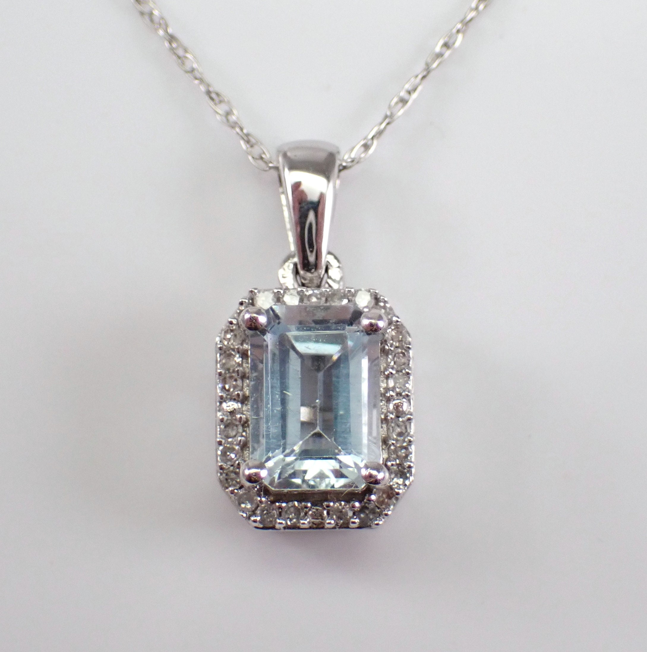Emerald Cut Aquamarine and Diamond Necklace White Gold Aqua Marine Pendant and Chain March Birthstone Jewelry Gift Etsy