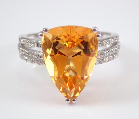 14K White Gold Citrine and Diamond Engagement Ring - Bridal Gemstone Promise Jewelry - Large November Birthstone Gift