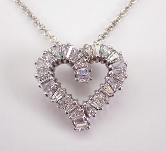 Vintage Sterling Silver Heart Choker Necklace, Baguette Cubic Zirconia Slide Charm Pendant and Chain